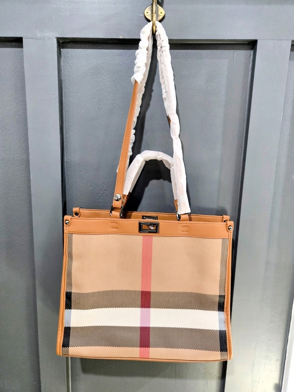 Tan Plaid Tote Bag with Red Accent - Women, New